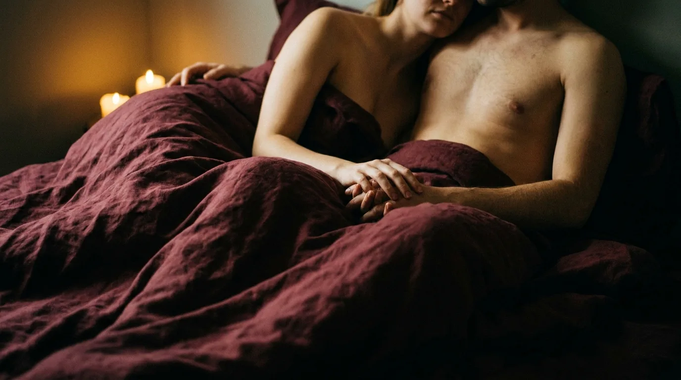 A couple lying close in candlelit bed after intimacy, fingers intertwined; faceless, tender.