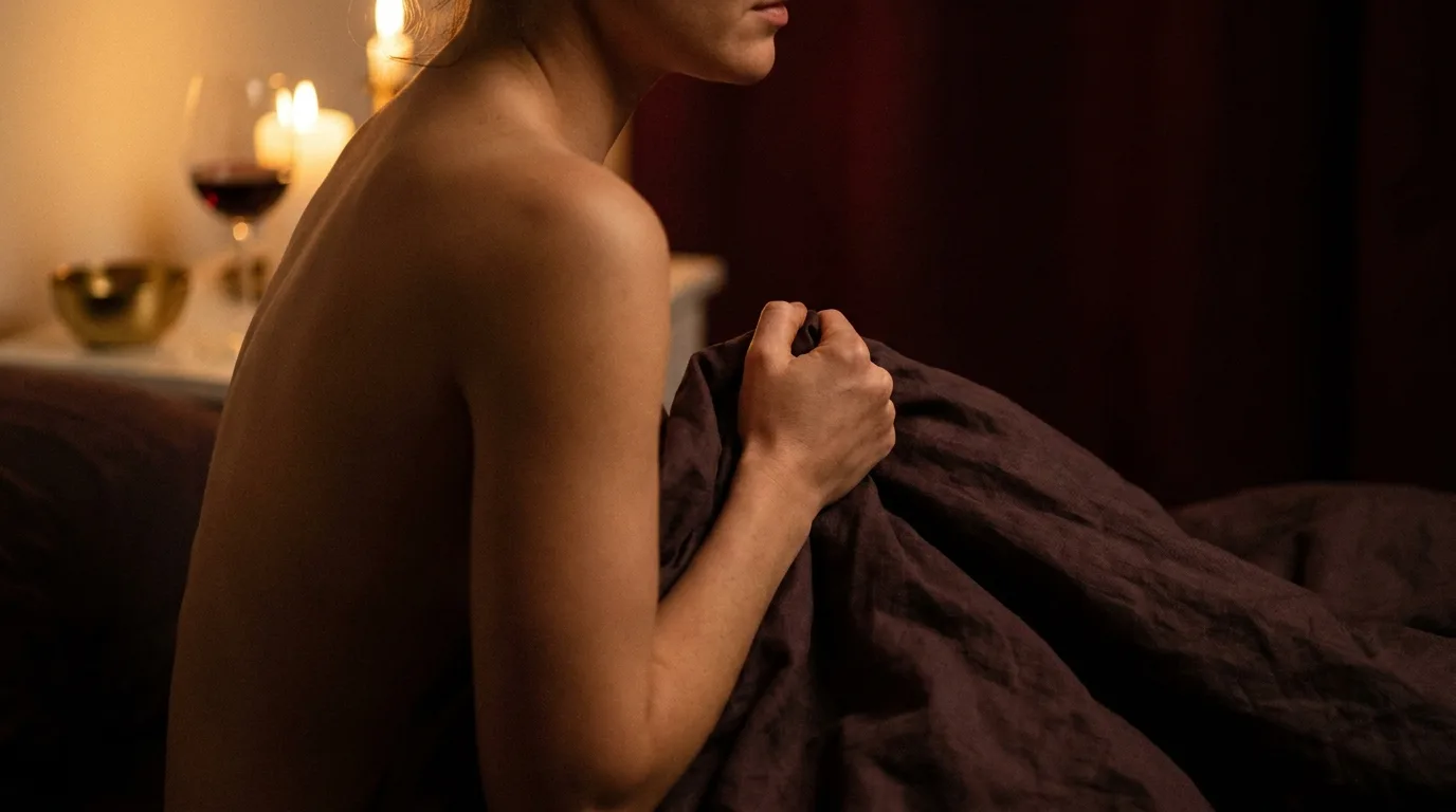 A woman on dark linen in candlelight, a fist clenched in the sheet; faceless, sensual, wine and gold tones.