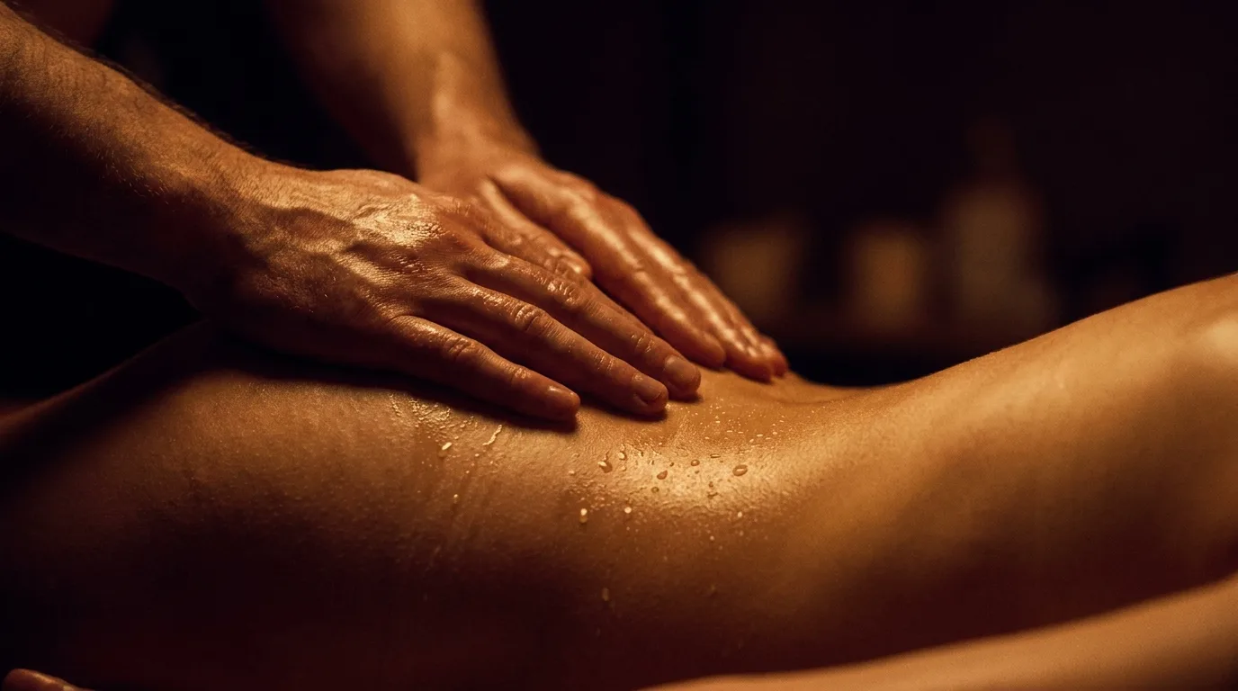 Oiled hands pressed to bare skin in warm golden candlelight; faceless, sensual.